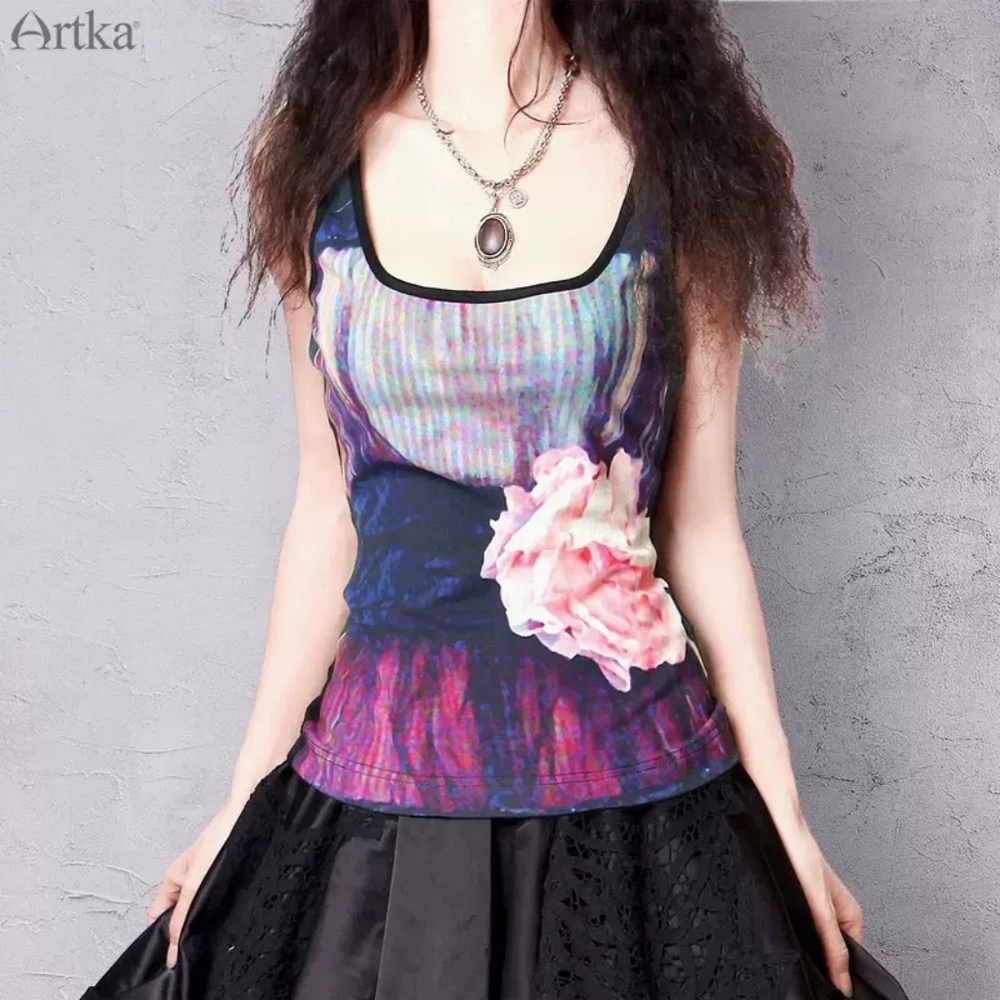 Cozy Stretch Super Visual Floral 95% Cotton Slim Tank Top By Artka
